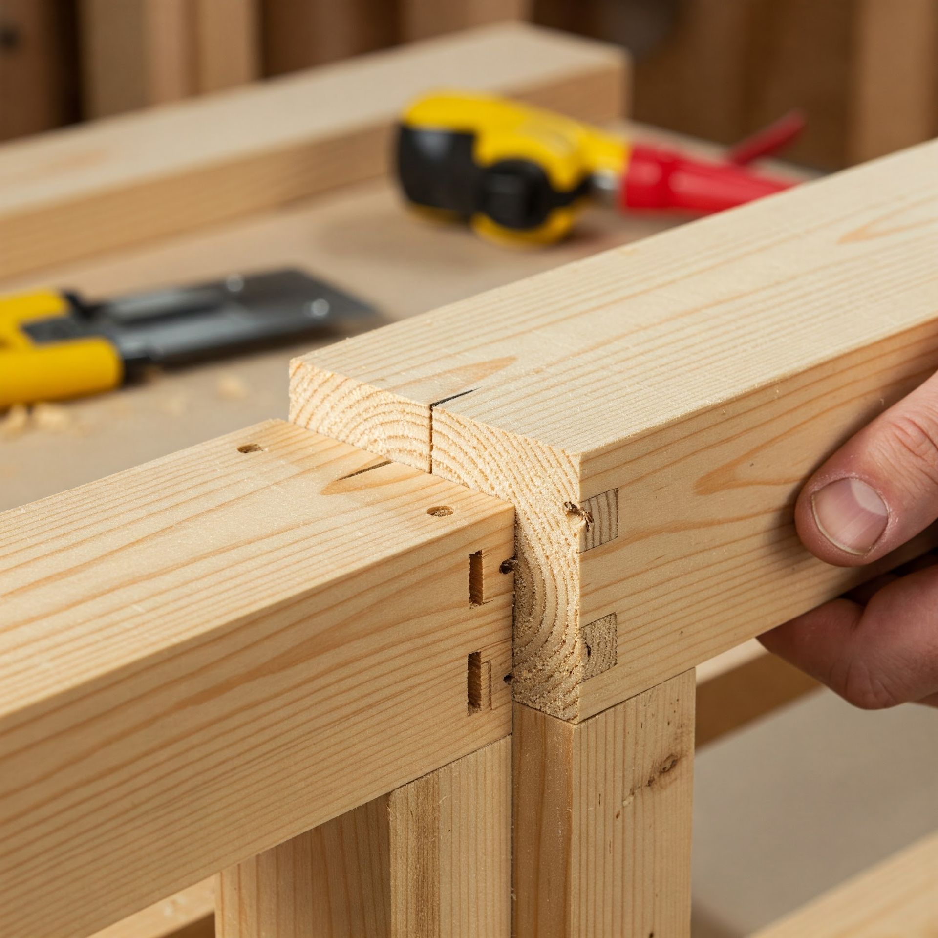 A close-up showing the correct way to join two pieces of wood framing