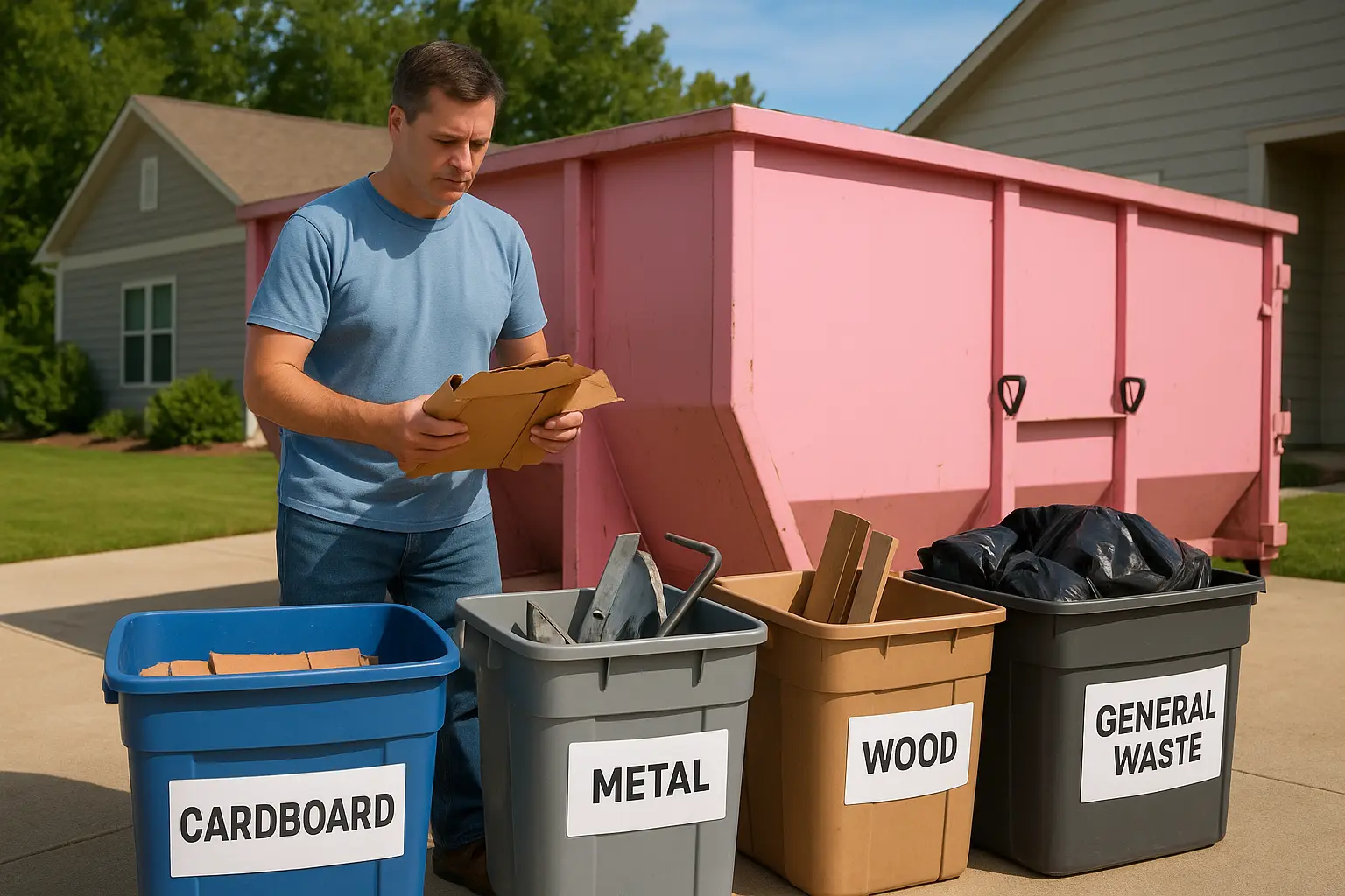 custom image illustrating the “Sort Before You Toss” tip—perfect for showing the importance of separating materials into labeled bins before loading your dumpster