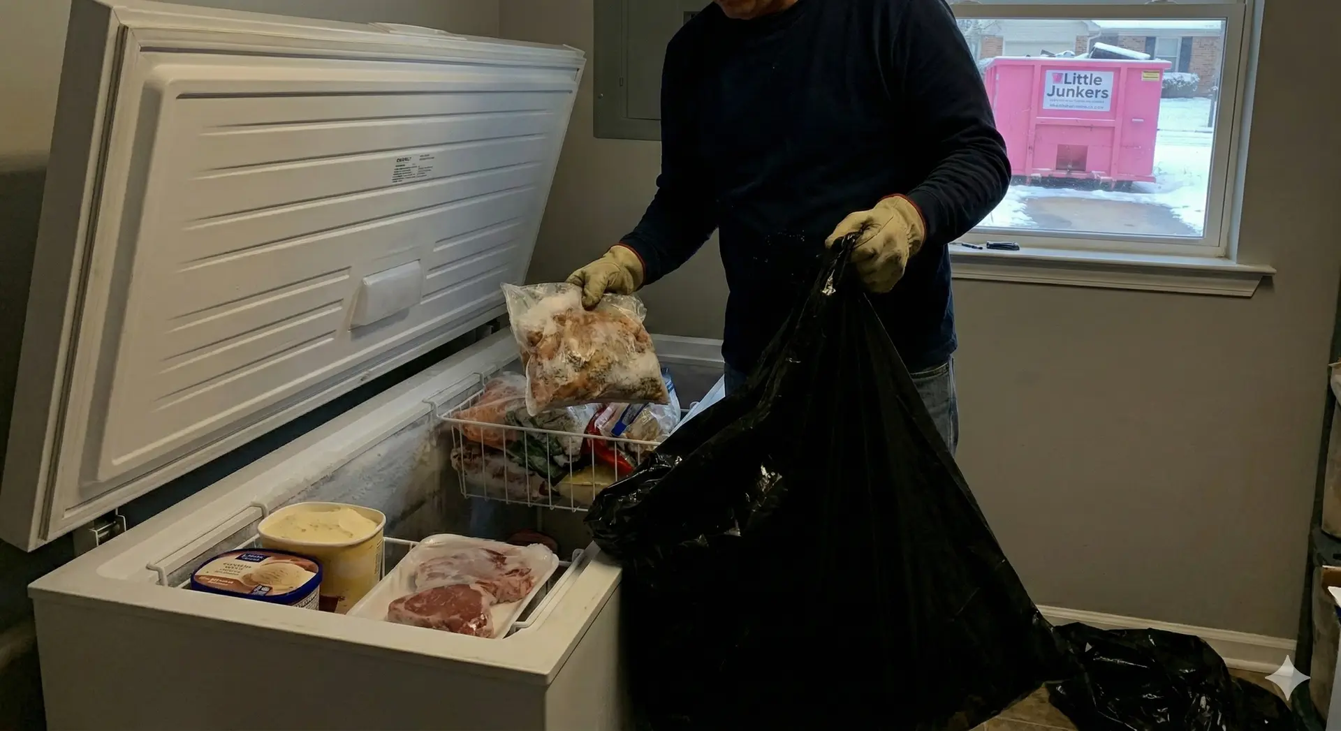 Cleaning out a freezer of spoiled food into a pink Little Junkers dumpster
