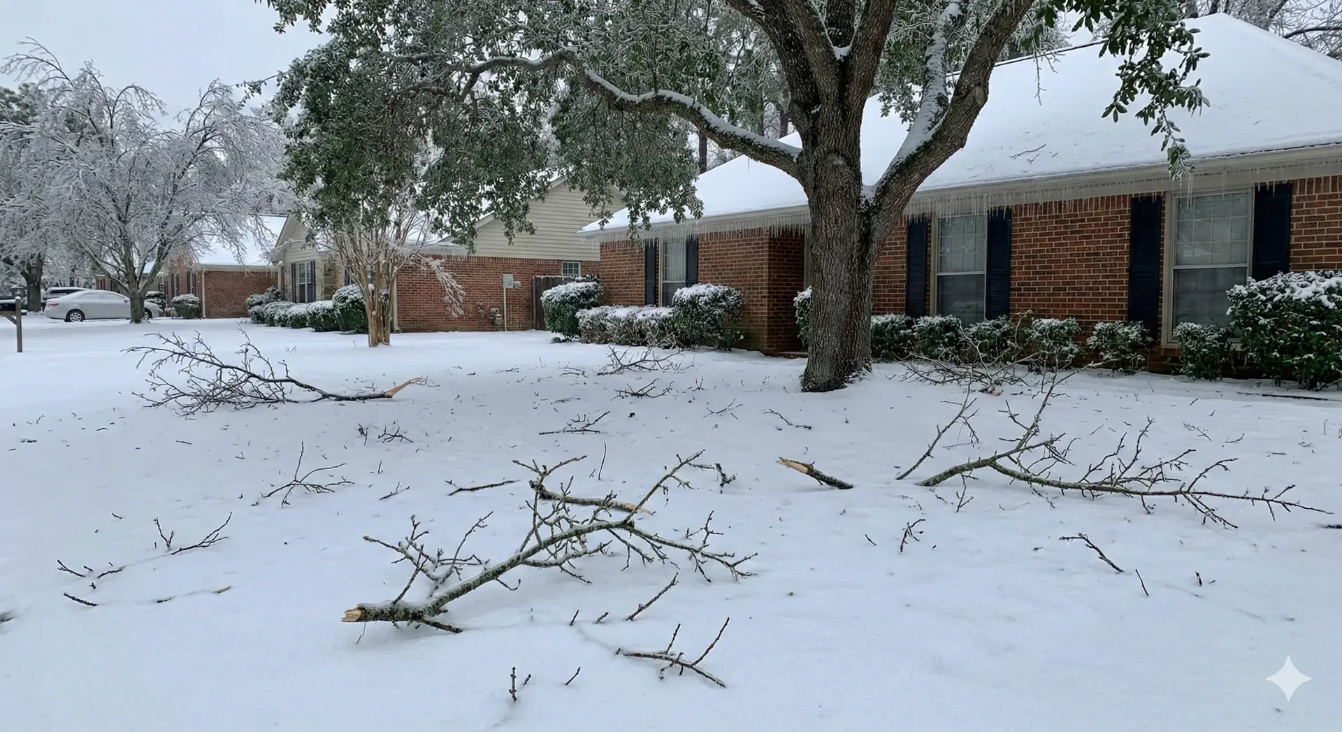 Snow covered suburban street in Atlanta after winter storm